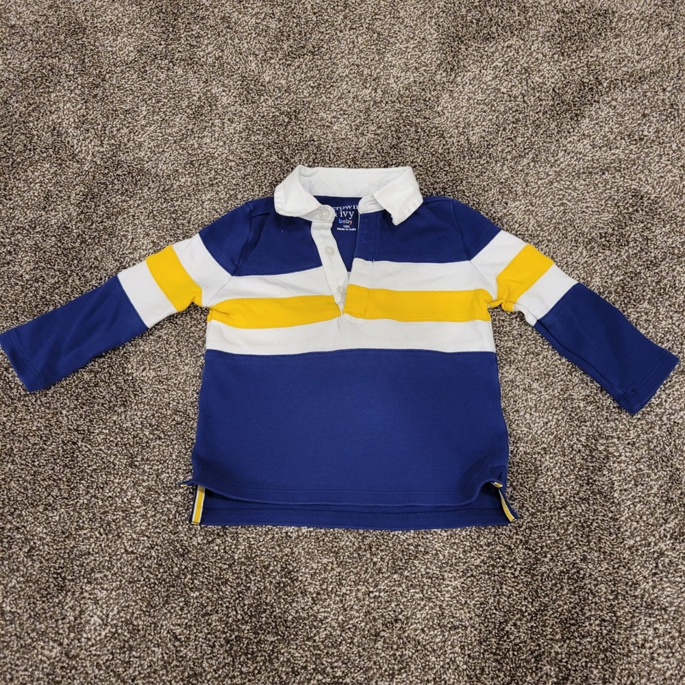 Crown & Ivy Baby Boy Blue White Yellow Striped Long Sleeve Rugby Polo Shirt 12M